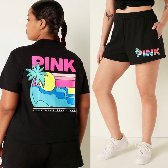 VS Pink SET Black Tropical Campus Tee & Black Tropical Shine 3.5” Campus Shorts